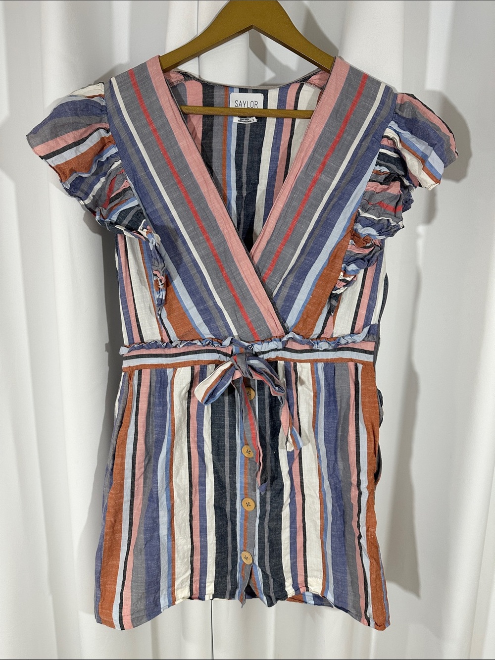 Saylor Striped Wrap Mini Dress Small Ruffle Sleeve Tie Waist 100% Cotton
